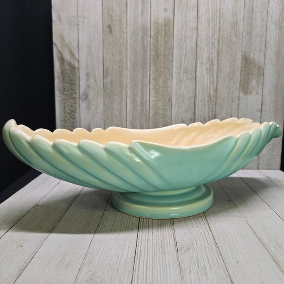 Vtg Weller Pottery Turquoise Blue Footed Bowl Shell Scalloped Design 18" Long - Picture 14 of 16